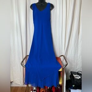 Royal Blue Silk Women Sz 1X Sleeveless Lined Scalloped Ruffled Full Length Dress